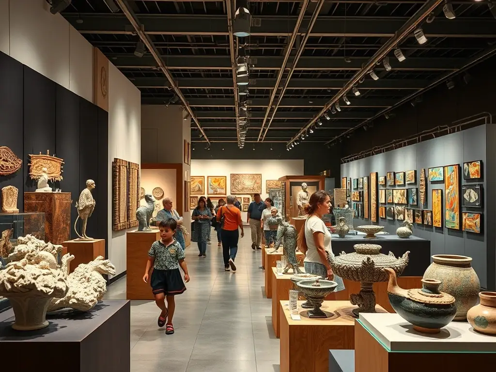 A vibrant image of an exhibition showcasing various crafts, with attendees admiring the intricate details of the displayed artworks, highlighting the recognition and visibility gained through SMOF.