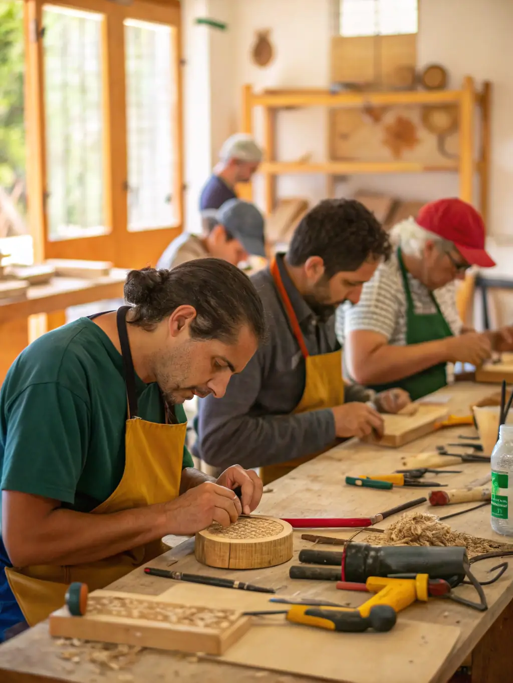 A photograph of artisans collaborating on a project in a well-equipped workshop, showcasing the hands-on nature of SMOF's workshops.