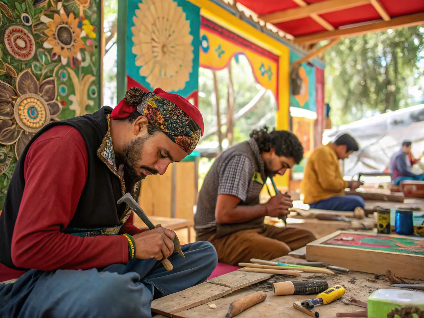 A photograph capturing a vibrant workshop session where artisans are actively engaged in learning and practicing traditional crafting techniques, showcasing the hands-on experience and collaborative environment.