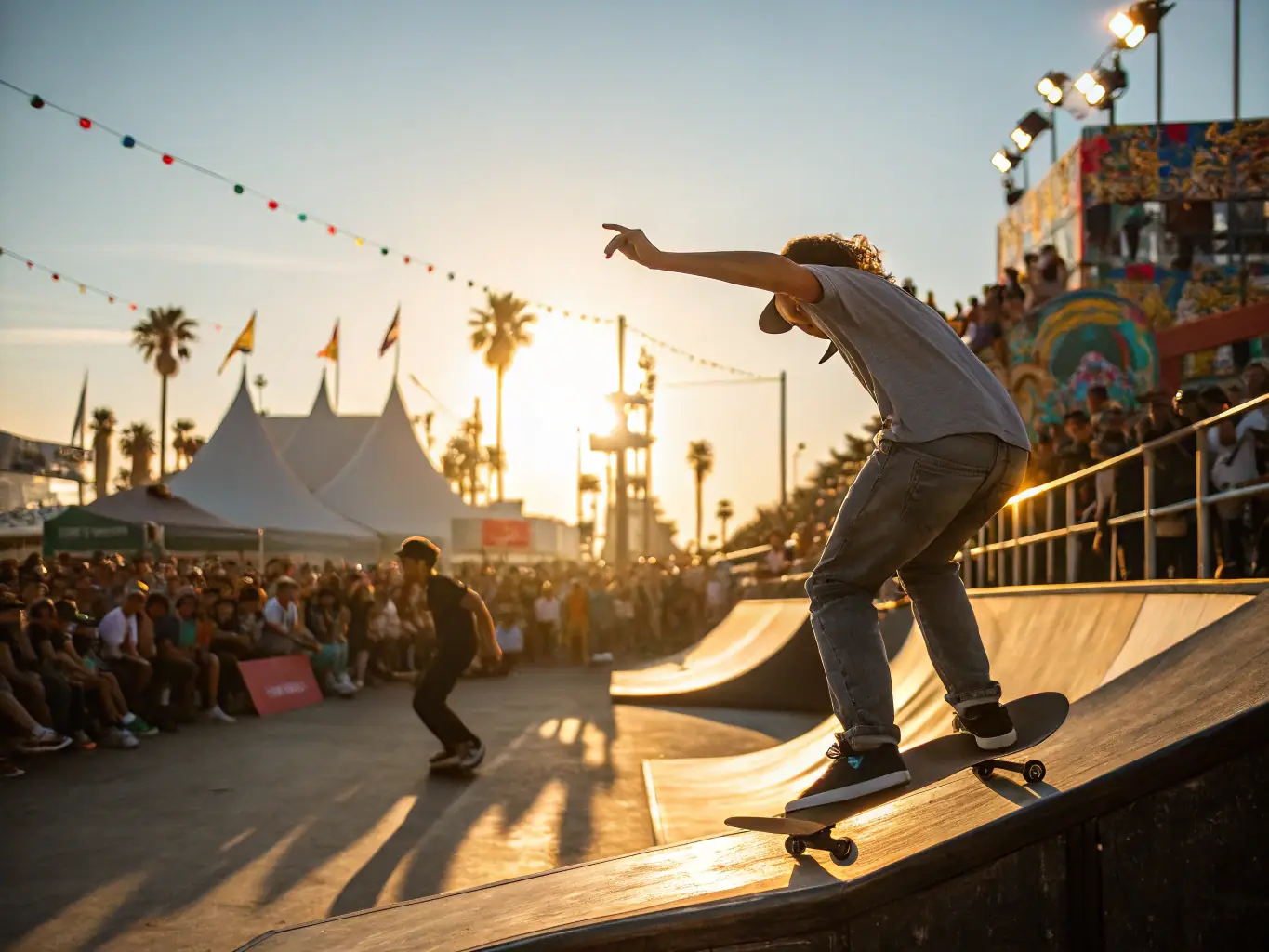 A vibrant image of skateboarders practicing tricks at a skatepark, highlighting the fun and skill development offered in RHML's skateboarding workshops.