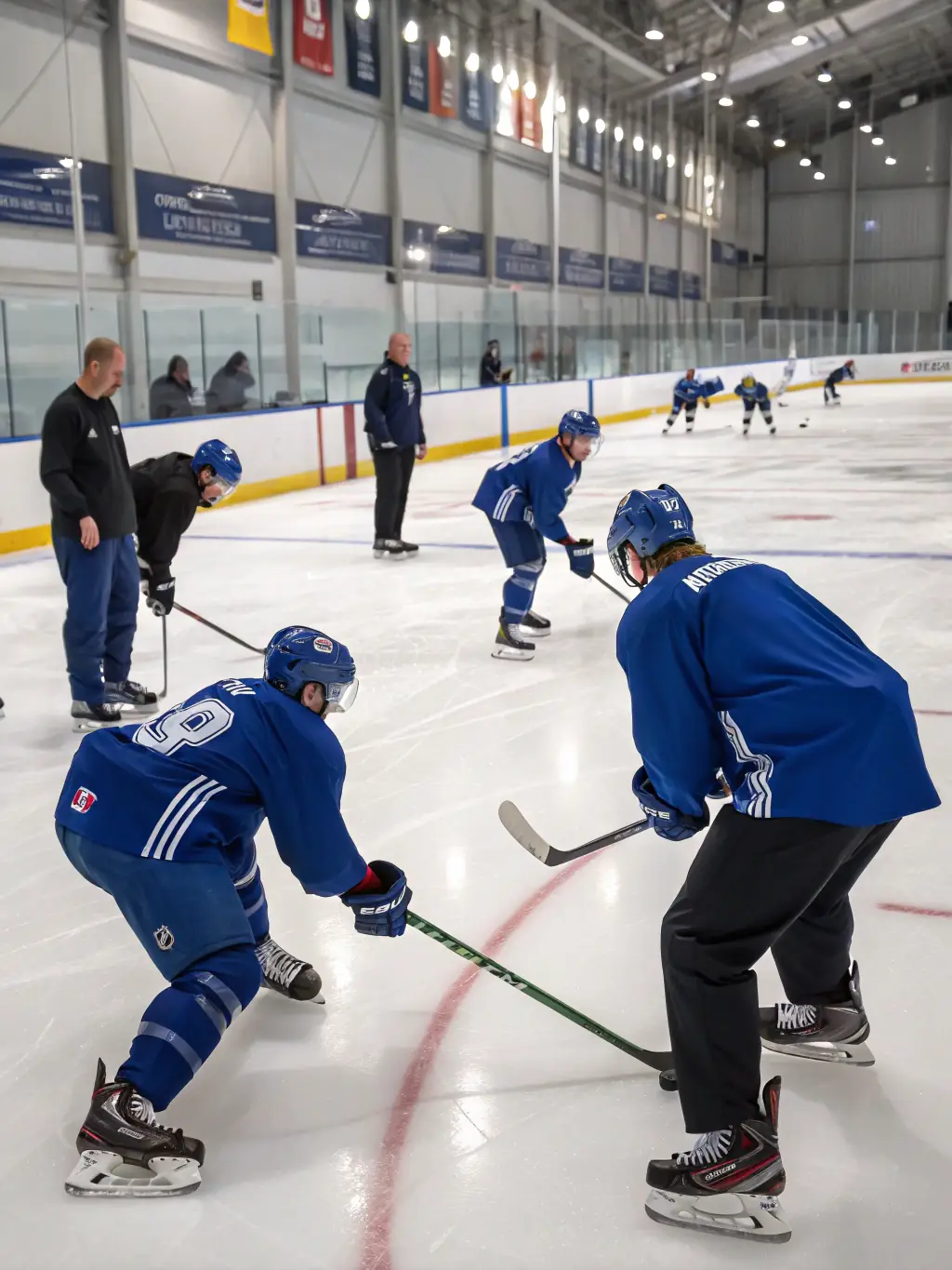 A dynamic shot of roller hockey players in action during a training session at RHML, showcasing teamwork and skill development.