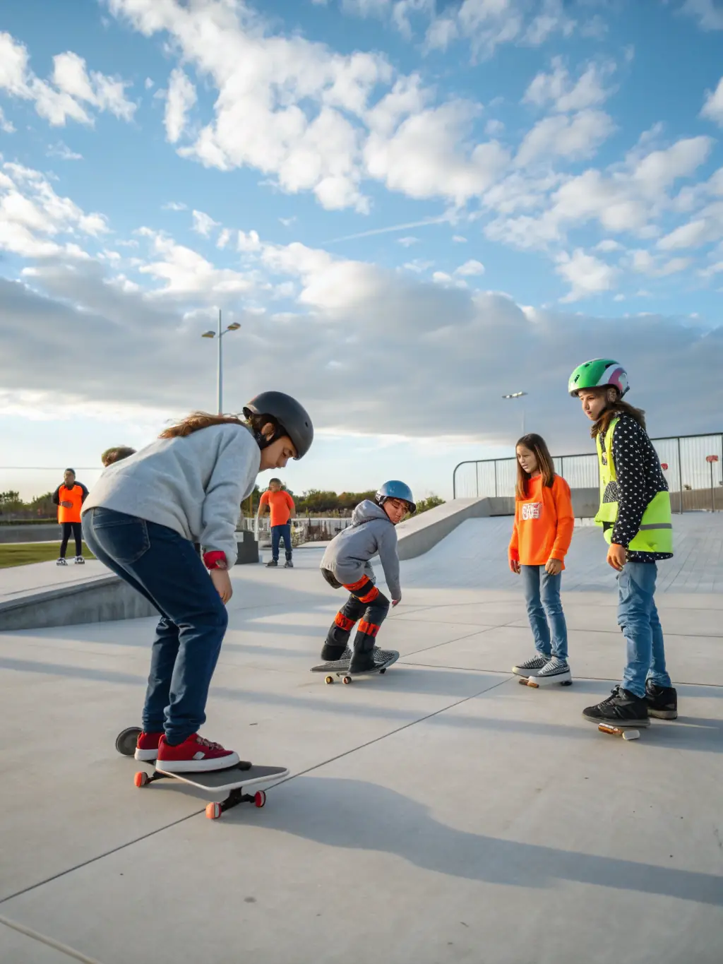 A vibrant image of participants in a skateboarding workshop at a local skatepark, demonstrating skill development and fun.