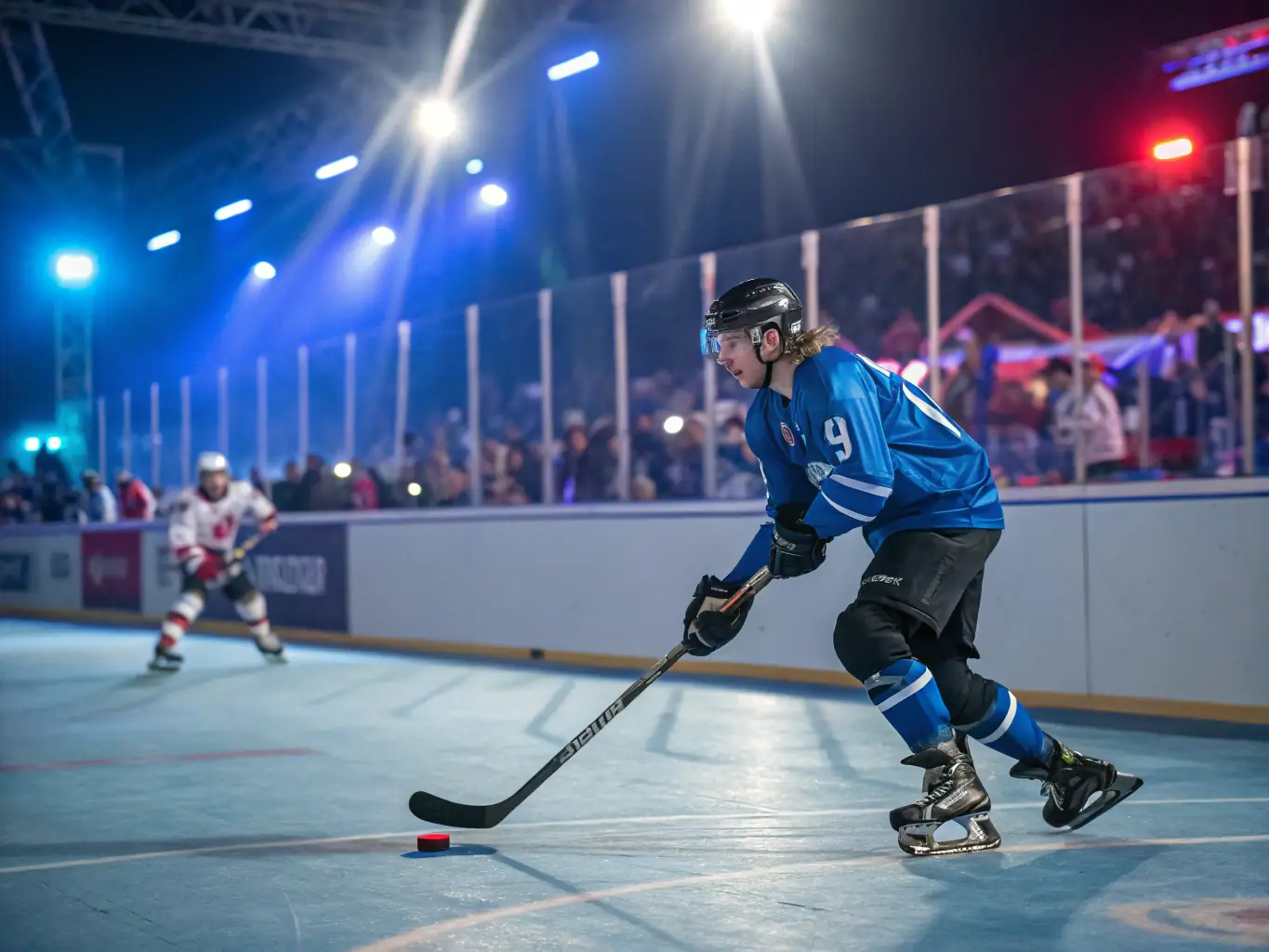 A dynamic action shot of roller hockey players in full gear competing on the rink, showcasing the speed and intensity of the sport. The image should convey teamwork and excitement.