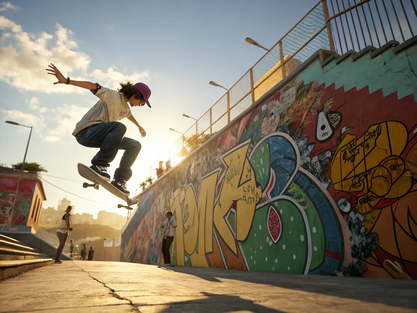 A vibrant image of skateboarders performing tricks at a skate park, capturing the energy and creativity of skateboarding. The image should highlight the skill and passion of the participants.