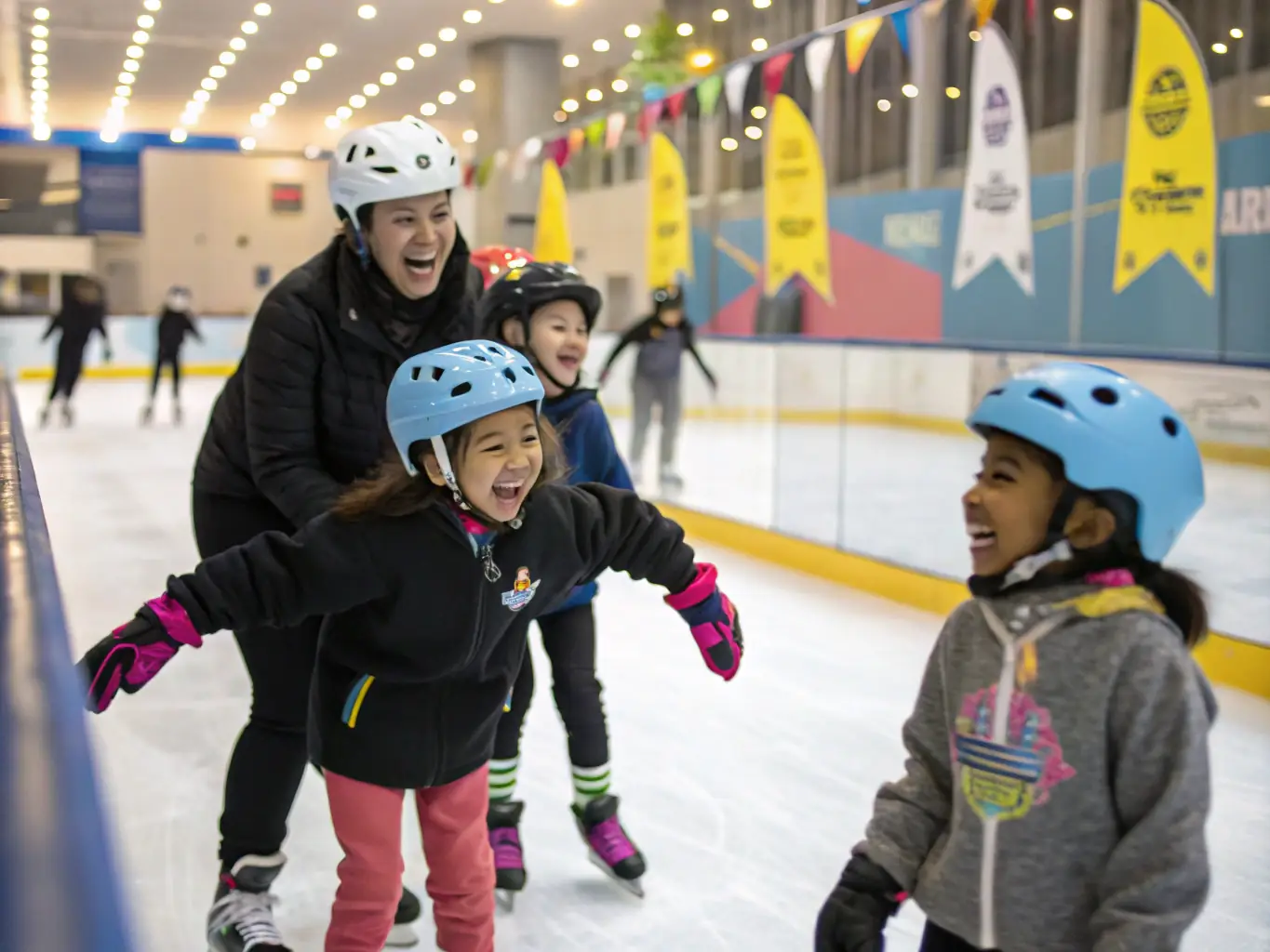 A group of children participating in a beginner's roller skating class, with instructors providing guidance and support. The image should convey a sense of fun, learning, and community.
